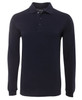 A long-sleeve polo shirt in navy blue with a three-button placket and a collar. It features a logo on the chest.