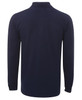 A navy long-sleeve polo shirt with a collar and button placket, featuring a logo on the front.