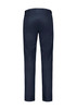A pair of navy stretch chino pants featuring a plain back design with pockets. There is a logo on the waistband.