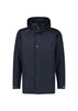 A men's Melbourne Comfort Jacket in dark navy with a hood and front buttons. The jacket has a logo on it.