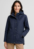 A navy women's jacket with a hood, featuring buttons, a relaxed fit, and a logo on the chest.