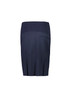 A navy maternity skirt with a smooth waistband and back pleats, featuring a single back pocket and a logo.