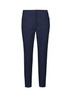 Navy mid-waist slim leg pants with a tailored fit and front pockets, featuring a logo.