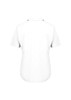 A short-sleeved white blouse with a collar and a curved hem. The back features a simple design and a logo.