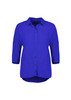 A vibrant blue 3/4 sleeve blouse with a collar and button-down front, featuring a slight curved hem.