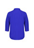 A blue women's blouse with 3/4 sleeves, featuring a collared neckline and a relaxed fit. It has a branding logo.