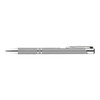 A metal pen in a sleek silver design, featuring chrome accents and a smooth finish.