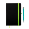 A black notebook with a green elastic band and a turquoise pen beside it. The notebook has a branding logo.
