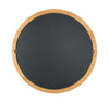 A round cheese board with a natural bamboo edge and a black slate surface. It features two handles.