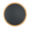 A round, grey slate cheese board with a bamboo wooden rim, featuring a smooth surface and natural finish.