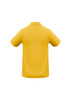 A yellow polo shirt with a classic collar and short sleeves, featuring a logo on the back.