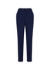 Navy women's slacks with a bandless elastic waist, featuring side pockets and a tailored fit. Includes a branding logo.