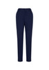 A pair of women's navy bandless elastic waist pants with a sleek design and front pockets.
