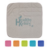 A cooling face cloth in grey with a logo, accompanied by pink, orange, green, and blue square versions.