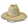 A straw hat with a wide brim, featuring a beige band and a logo patch on the front.