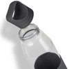 A drink bottle in clear glass with a black silicone sleeve and cap, featuring a logo on the side.