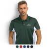 A man wearing a dark green polo shirt with white side panels and a logo, available in multiple colours.