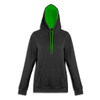 A black unisex hoodie with a contrasting bright green inner hood and drawstrings, featuring a spacious front pocket.