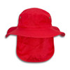 A red Legionnaire wide brim hat featuring a large brim and a protective neck flap. It has a logo on it.