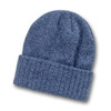 A blue beanie hat with a folded cuff, featuring a textured knit pattern and a branding logo.