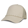 A beige trucker cap with a mesh back and decorative cord across the front.