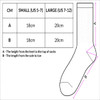 A diagram of socks with size measurements for small and large, including dimensions in centimetres.