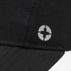 A black five-panel cap featuring a branded logo on the side.