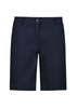 A pair of navy blue women's chino shorts with a front button closure and pockets, featuring a subtle logo.