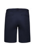 A pair of navy women's chino shorts featuring two back pockets and a standard waistband.