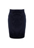 A navy women's skirt with a fitted design and pockets, featuring a waistband and a subtle logo detail.