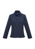 A dark navy soft shell jacket with a high collar and zipped front, featuring side pockets and a logo.