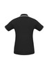 A black women's polo shirt with short sleeves and contrasting trim on the collar. Features a logo on the front.