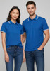 A blue short sleeve polo shirt for women and men, featuring contrasting collar and sleeves, with a logo.