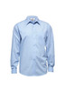 A light blue long sleeve button-up shirt with a pocket on the front and a logo.