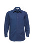 A men's micro check long sleeve button-up shirt in navy blue with a pocket and a branding logo.