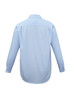 A light blue long sleeve button-up shirt with a micro check pattern and a logo on the back.