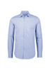 A light blue check pattern long sleeve button-up shirt with a collar and a logo on the chest.