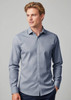 A tailored long sleeve button-up shirt in a light blue checkered pattern, featuring a logo on the chest.