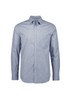 A men's long sleeve button-up shirt in a classic check pattern, featuring shades of blue and white. The shirt has a logo.