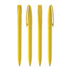 Four yellow plastic pens arranged in a row, featuring a simple design and clips, along with a branding logo.