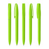 Five bright green plastic pens arranged in a row, each featuring a clip and a logo.
