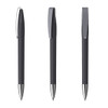 Three black plastic pens with soft grip and silver accents, featuring a clip on each pen.