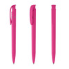A set of three pink plastic pens displaying different angles and a branding logo on the side.