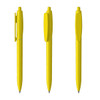 A set of yellow plastic pens displayed from three angles, featuring a clip and a rounded tip design.