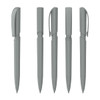 Five plastic pens in varying shades of grey, featuring sleek designs and clips for easy handling. Each pen has a unique top style.