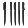 A set of five black plastic pens with a glossy finish displayed in various positions, featuring clips and caps.