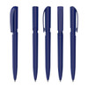 A set of five plastic pens in dark blue, featuring various positions and a logo on each pen.