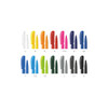 A collection of plastic pens in various colours including white, yellow, orange, pink, blue, green, black, and grey.
