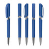 A collection of five blue plastic pens with shiny silver accents and caps. Each pen has a unique design.