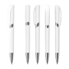 A set of white plastic pens with chrome accents, featuring various styles and designs. Each pen has a cap.